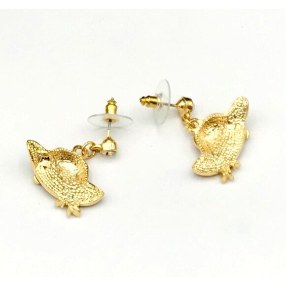 Red Hat Charm Earrings With Rhinestones & Gold Plating - Picture 4 of 4